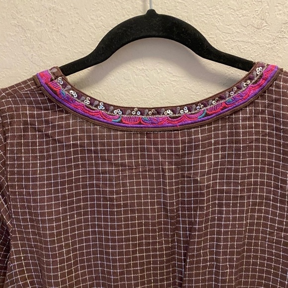 Free People Bohemian Style Embroidered V-Neck Sequined Blouse - Picture 3 of 8